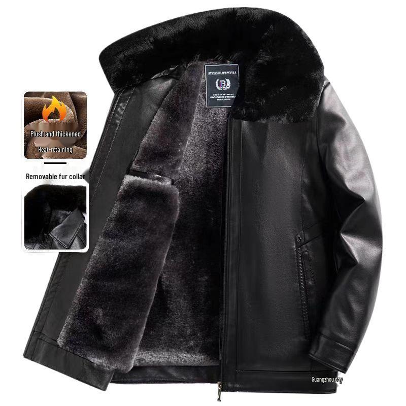 Men's Thickened Leather Jacket with Fleece Lining for Winter Cycling and Cold Protection, Ideal for Middle-Aged and Elderly.