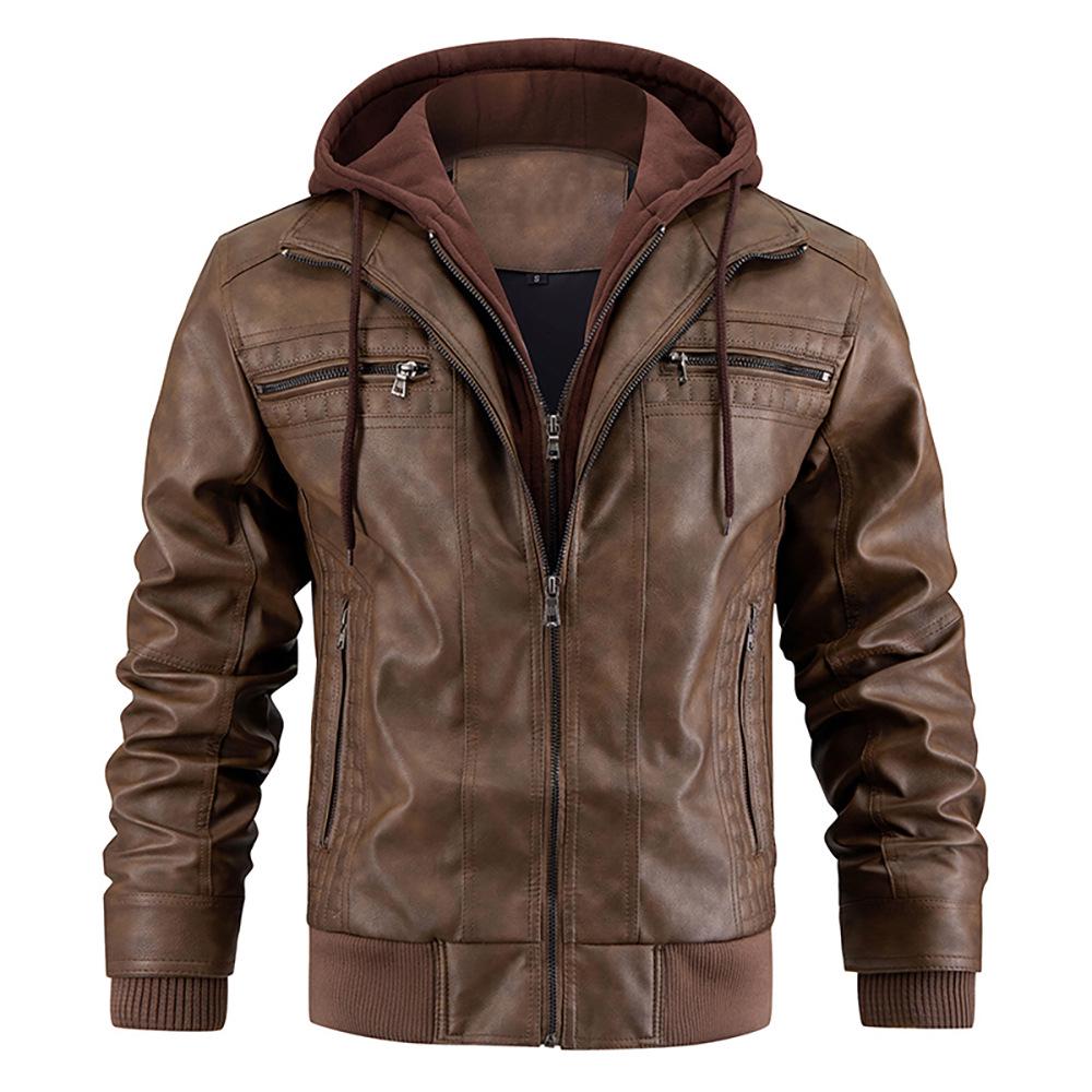 Men s European & American PU Leather Hooded Jacket - Winter Warm Coat, European Size XL коричневый