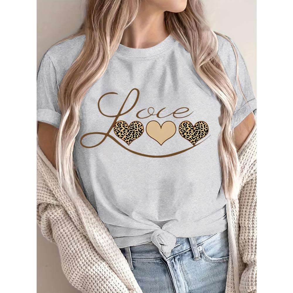 Women Chic Leopard Print Love Heart Graphic Round Neck with Golden Accents Wear Leopard Print