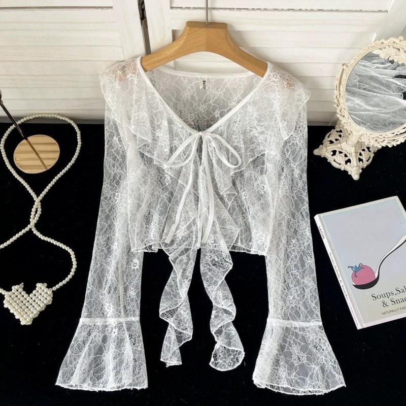 Giacca Estiva Leggera da Donna a Svasatura con Maniche Lunghe, Cardigan Pizzo Corto Ruffled con Laccio Frontale Protezione Solare, Top Sciarpa in Chiffon