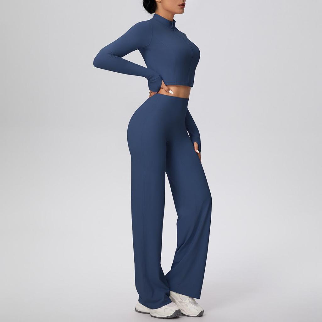 New Cross-border Solid Color Zip Jacket & Wide Leg Yoga Suit - Two-piece Fitness Set