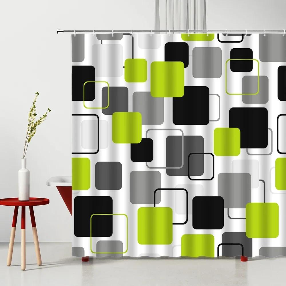 Modern 3D Geometry Shower Curtains Set Red Orange Grey Yellow Lattice Fabric Bathroom Accessories Black and Gray Bath Curtains