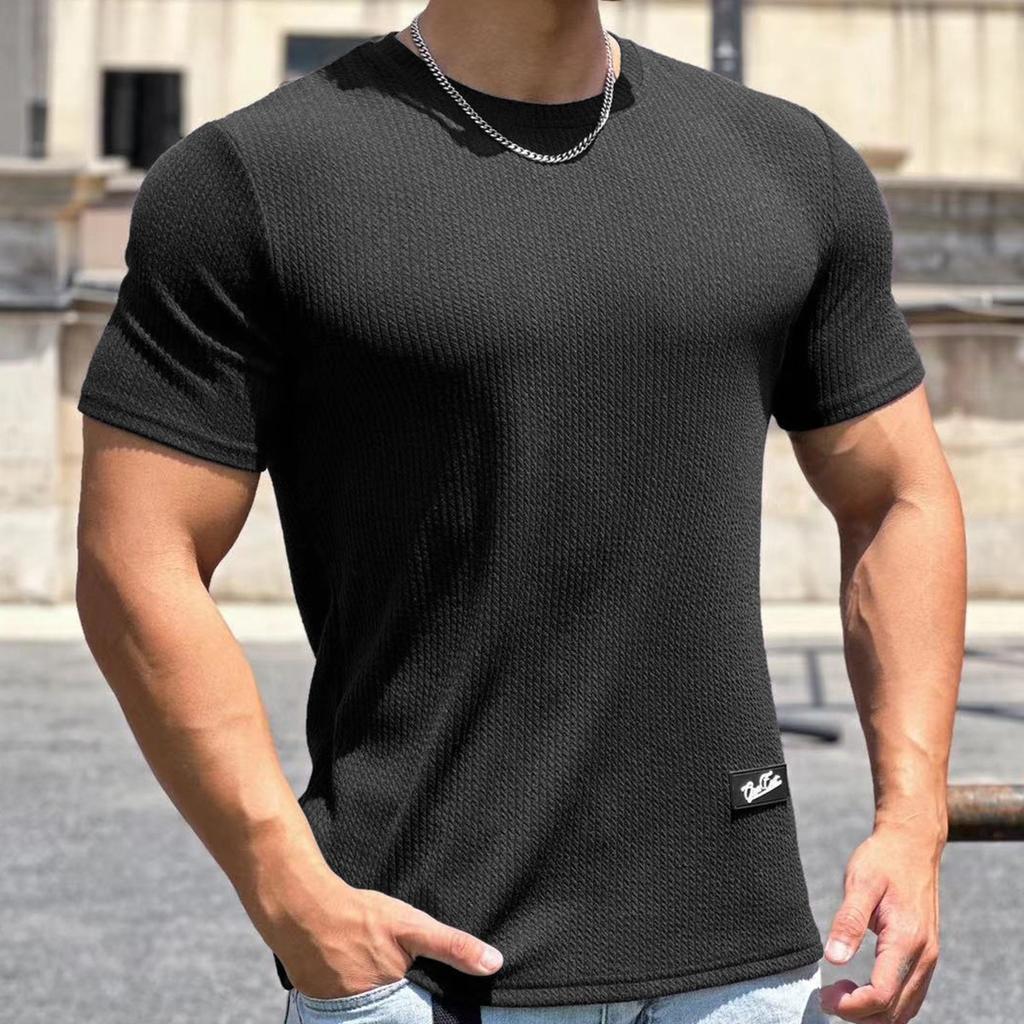 Men's Summer Trendy Pullover Crew Neck T-Shirt Solid Sports Fitness Short-Sleeve Top
