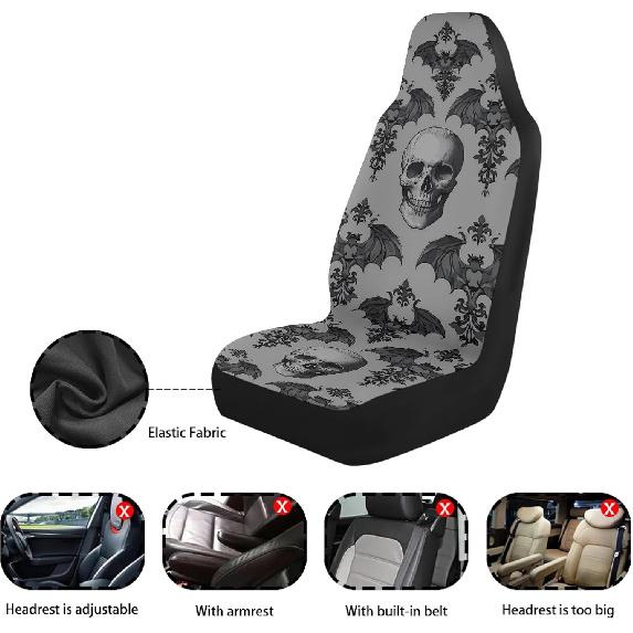 Gothic Skull Car Seat Covers Highback Bucket Seat Cover Universal Front Bucket Seat Cover,2pcs Universal Fit, Halloween Bat Auto Accessories