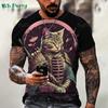 Summer Round Neck Funny Animal Samurai Cat Pattern 3D Print Top Fashionable Casual Short Sleeved Men's T-shirts