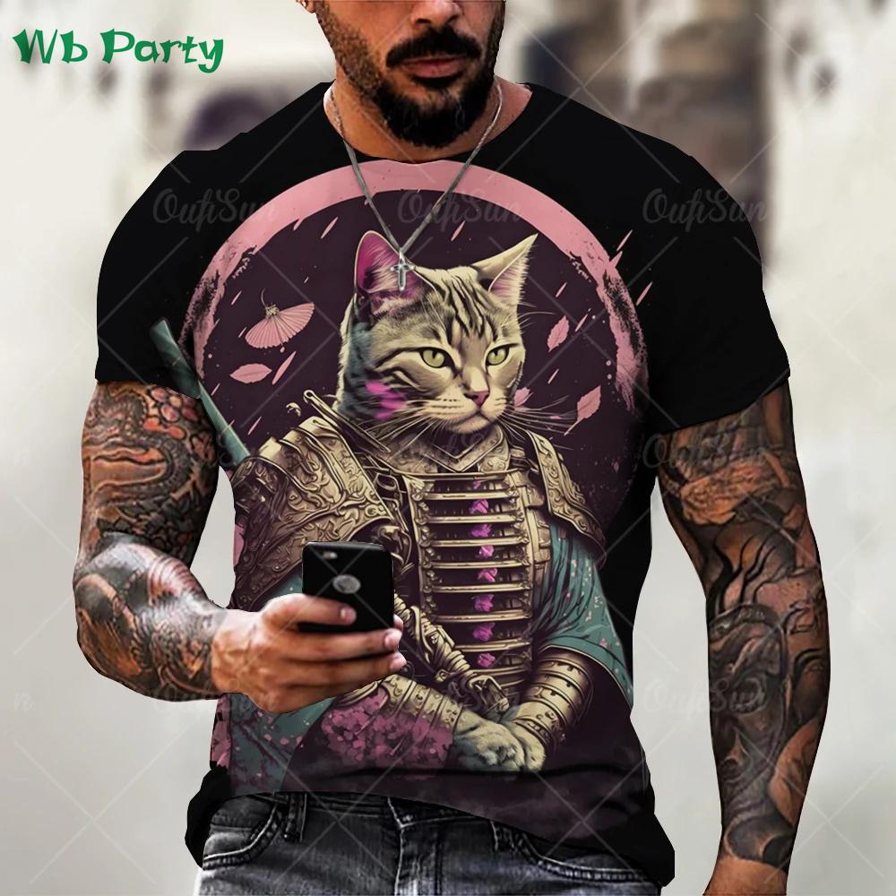 Summer Round Neck Funny Animal Samurai Cat Pattern 3D Print Top Fashionable Casual Short Sleeved Men's T-shirts