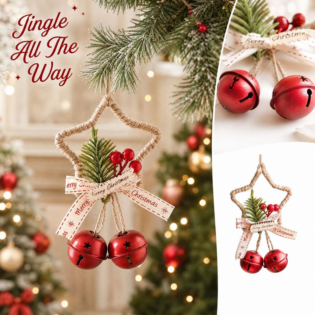 Christmas Star Bell Ornament with Hanging Decoration for Tree, Wall, Door - Five Pointed Star Bell Pendant for Holiday Home Decor