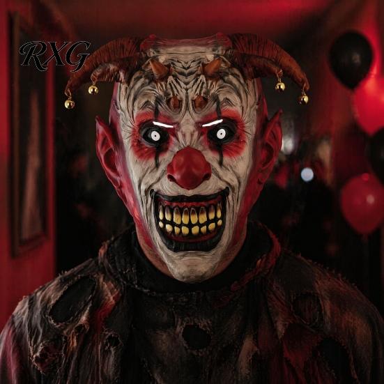 Scary Halloween Clown Mask Devil Horns Mask, with Bell Decor, Breathable Comfortable Costume Accessories for Latex Headgear, Adult Cosplay Props