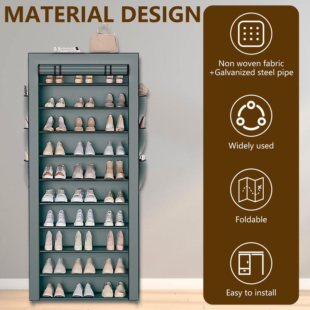 10 Tier Shoe Rack Organizer Dustproof Fabric Holds 30 to 40 Pairs Shoes Space Saving Free Standing Tall Shoe Storage Shelf