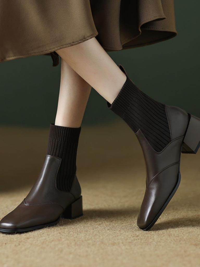 Franske retro tynne støvletter dame tykk hæl korte støvletter firkantet tå medium hæl elastiske sokkestøvletter slanke Martin-støvletter utenlandsk stil super allsidige
