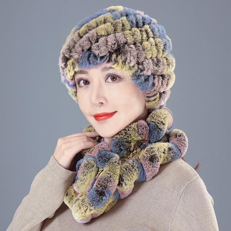 Middle-aged Rex rabbit hair hat female autumn and winter warm elderly grandmother ear protection fur mother wool scarf