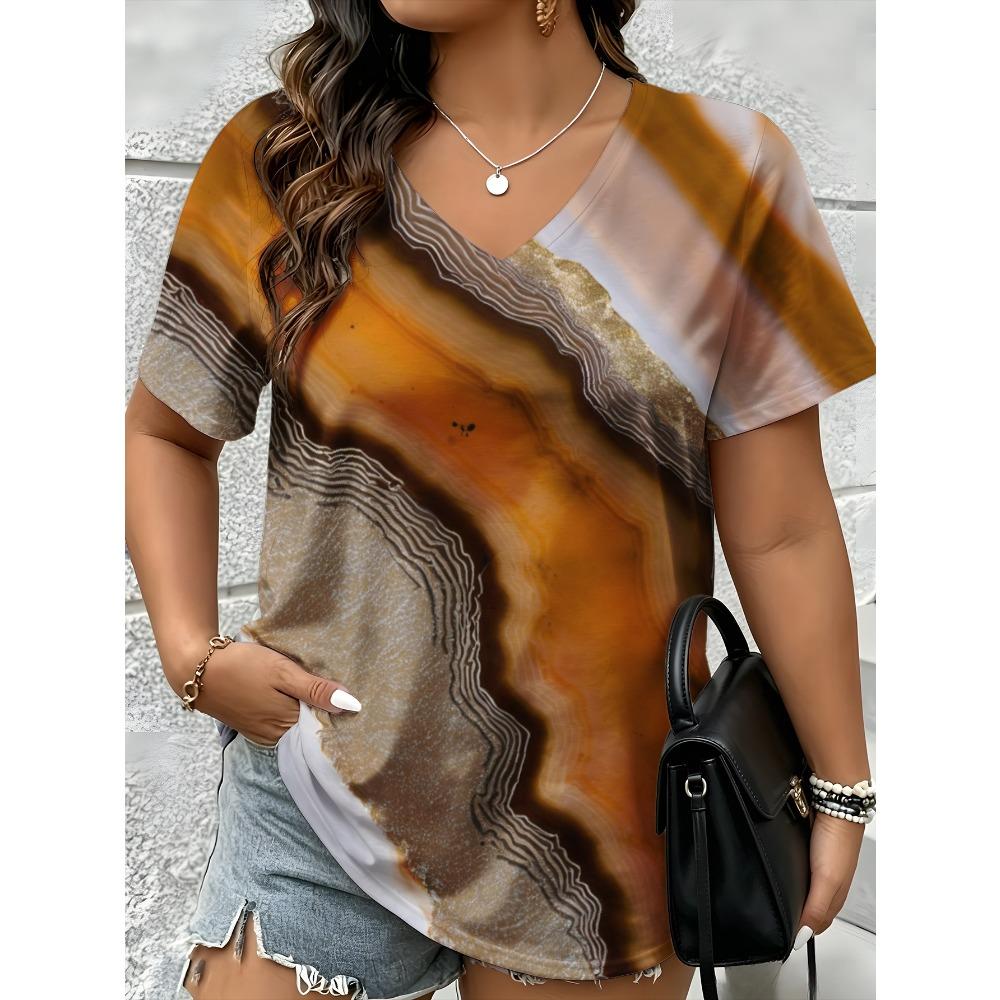 Summer Fashion Vintage Stripes 3D Personality Printed T-shirt Women's Loose Comfortable Soft Breathable V-neck Short Sleeved T-shirt