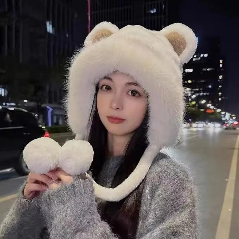 Winter Bear Plush Hat Outdoor Cycling Ear Protection Thickened Warm Fleece Hat for Girls Women Casual Hat Warmth Essentials