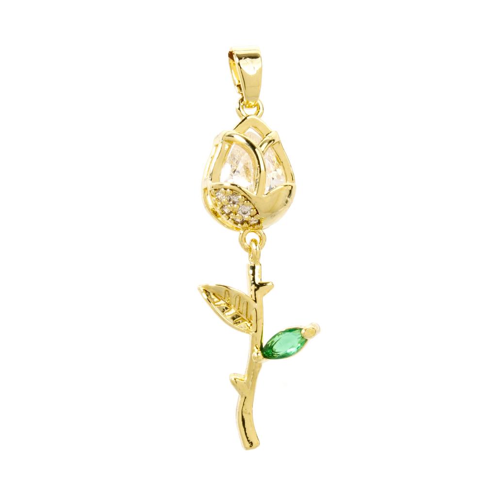 2 PCs Rose Brass 8K Gold Plated Tulip Flower Micro Pave Clear Cubic Zirconia Pendants Exquisite Jewelry Findings 3.8cm x 1.2cm