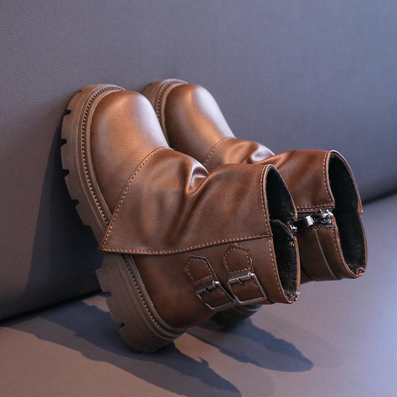 Children New Leather Boots Solid Color Girls Boots for Winter Thick Bottom Plush Fashion Patchwork Versatile Kids Cotton Boots
