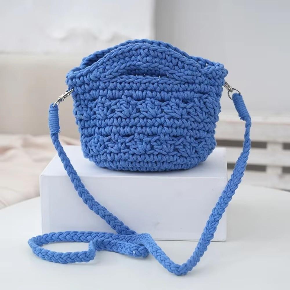 Hollow Out Handmade Woven Handbag Shoulder Strap Bucket Shape Women s Crochet Bag Large Capacity Handcrafted Crochet синий