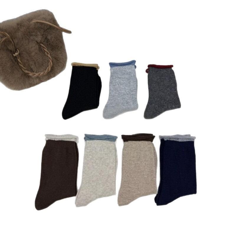 Grey Socks, Women's Autumn and Winter Pure Cotton Mid-calf Socks, Thickened Warm Wool Long Socks, Rolled-up Pile Socks, Winter