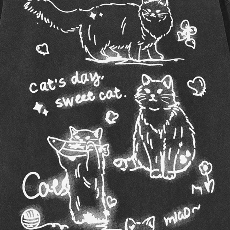2024 Streetwear Funny Cats Grafisk unisex-tröja bomull tvättad svart t-shirt unisex-tröjor T-shirt sommar kortärmad t-shirt