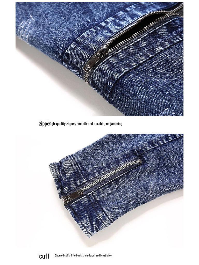 Męska kurtka jeansowa Slim Fit Elastic Denim z aksamitną podszewką - kołnierzyk typu stójka, modna odzież codzienna na jesień/zimę