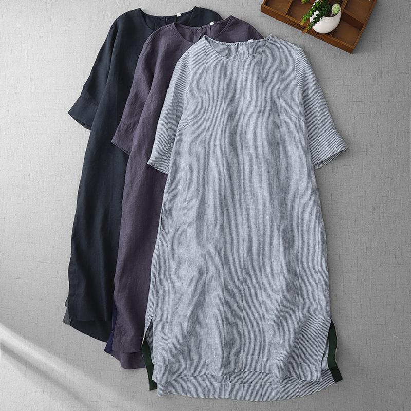 Women Retro Slit Linen Dress Crew Neck Casual Half Sleeve Midi Simple Elegant Mid‑Long Dress
