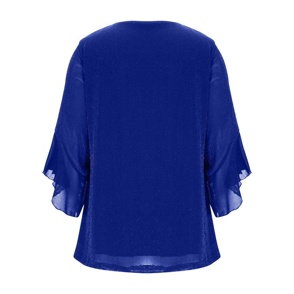 Women's Elegant Ruffled Shiny Stamped Seven-Sleeve Double Layer Mesh Top