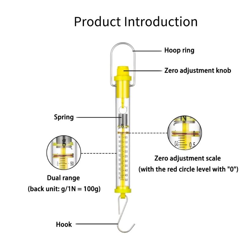 Classroom Essential Yellow Force Meter Cylinder Spring Scale With Clear Measurement Marking From 1N To 50N Capacity