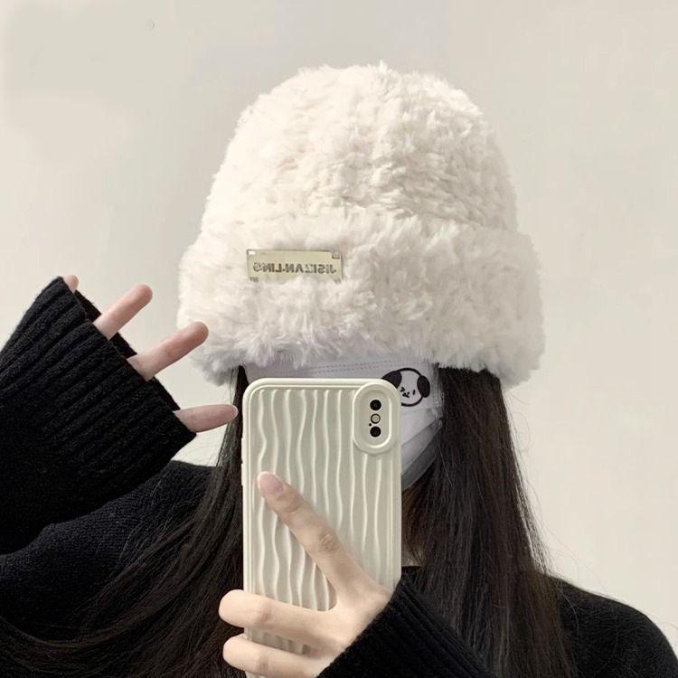 Wool Hat for Autumn and Winter Women's Versatile Knitted Bag Headset Showing Face Small Warm White Plush Cold Hat Big Head Circumference