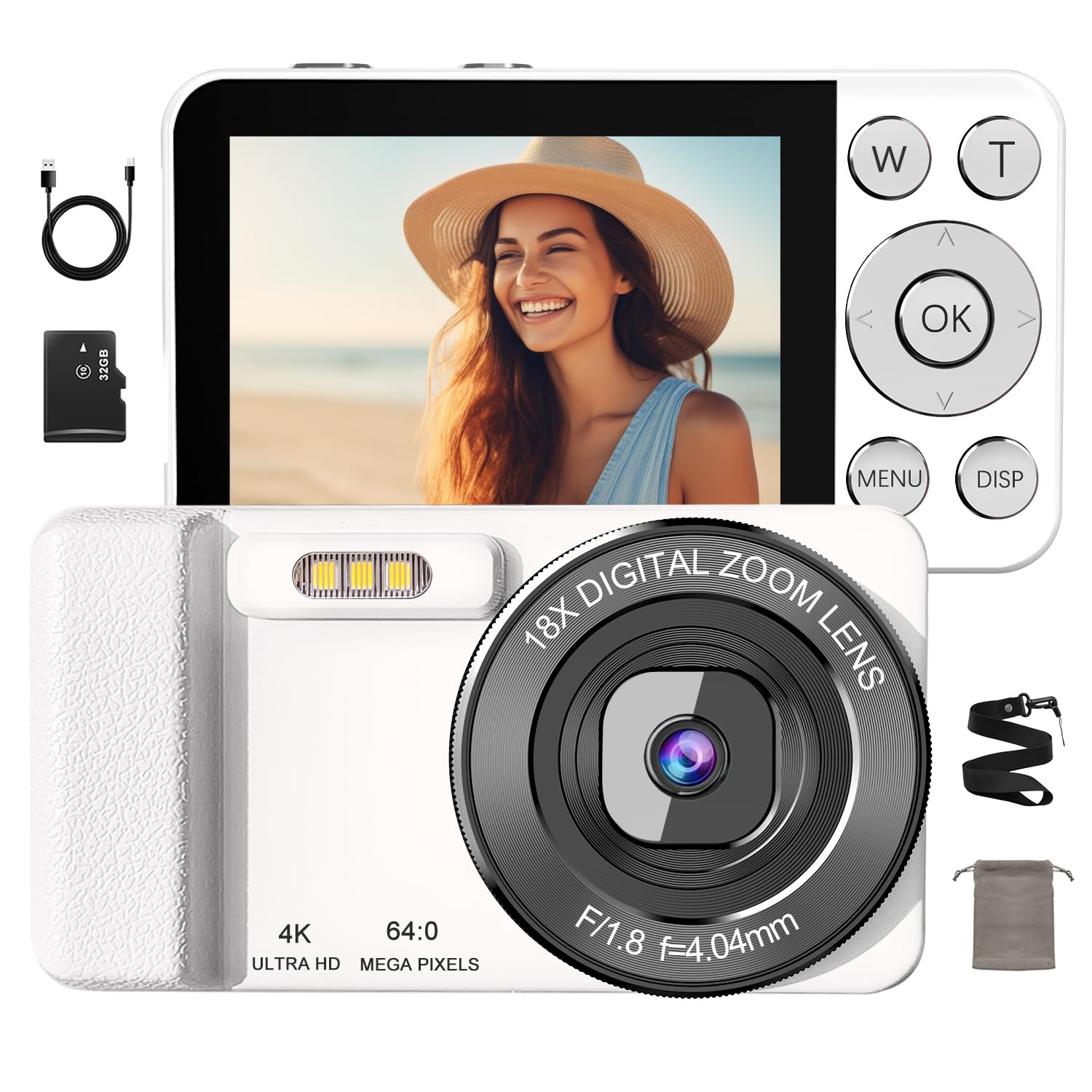 

New Model 4K Digital Camera with 64MP Large 18x Digital 20 LED Continuous Loop USB Tripod Webcam School Japanese Instruction 32GB Card Included [2025 білий