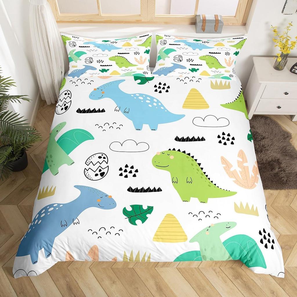 Dinosaur Duvet Cover Set Queen Twin Size,3Pcs Cartoon Dino Print Bedding Set for Kids Boys Room,Soft Microfiber Comforter Cover