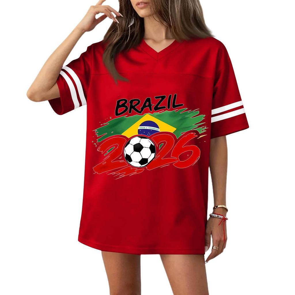 Women V Neck Short Sleeve Casual Top with Football Flag Print Loose Fit Sports T Shirt for 2026 Event Design