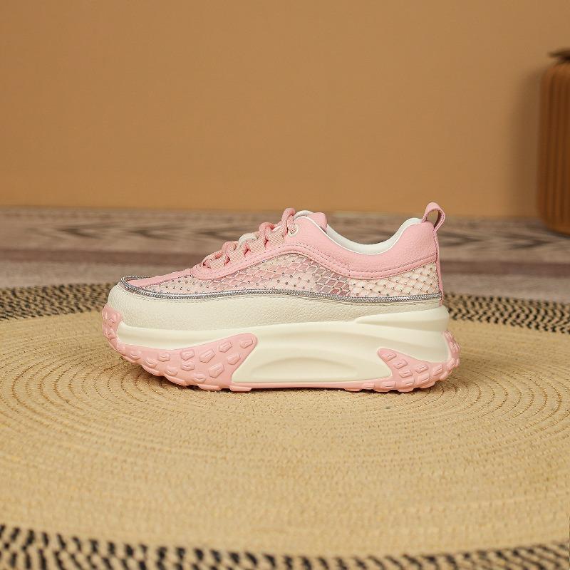 

Leather dad shoes women s summer new breathable rhinestone mesh muffin platform casual sports board shoes 40 рожевий