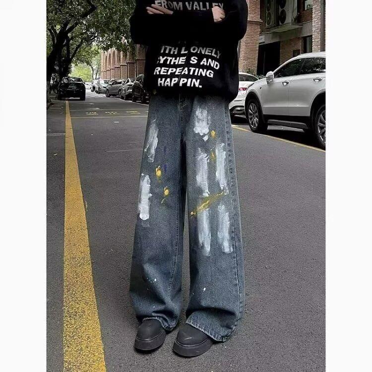 Unisex Retro High-Waisted Wide-Leg Graffiti Jeans - Petite Flared Autumn/Winter Casual Pants