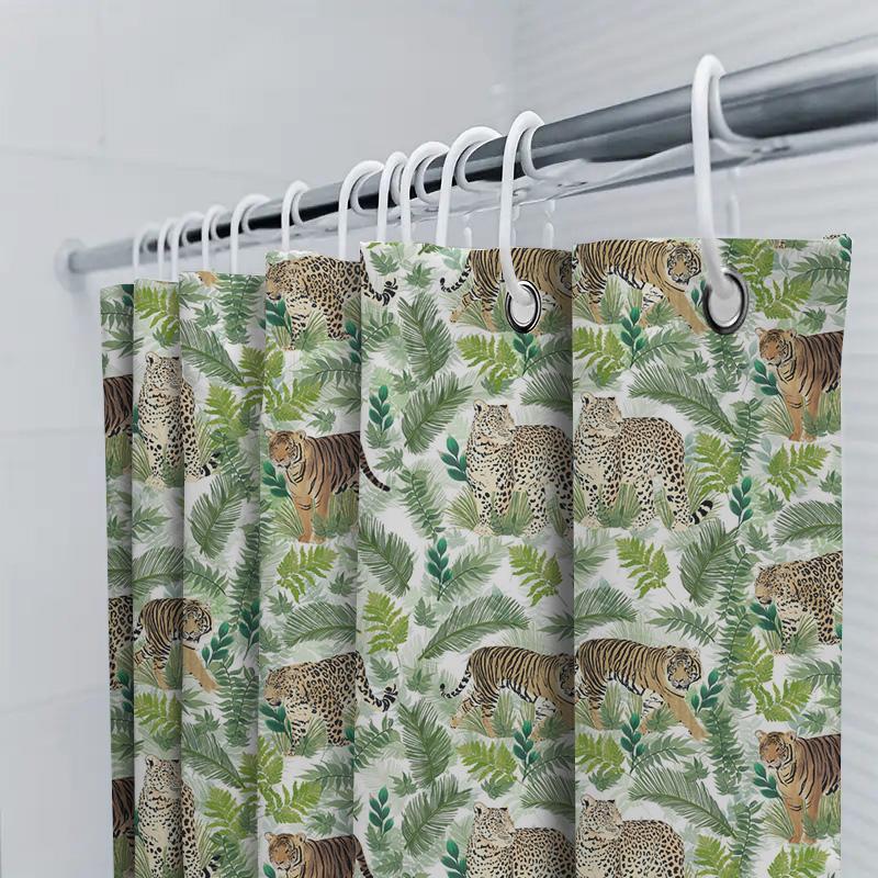 Wildlife Shower Curtain Animal Print Green Leaves Tiger Leopard Print Shower Curtains Modern Home Decor Waterproof Bathroom Acce