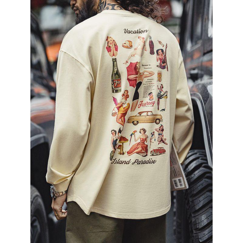 Madden Parka American Retro Print Long Sleeves T-shirt Loose Casual Pure Cotton round Neck Bottoming Shirt Tops Men's Autumn
