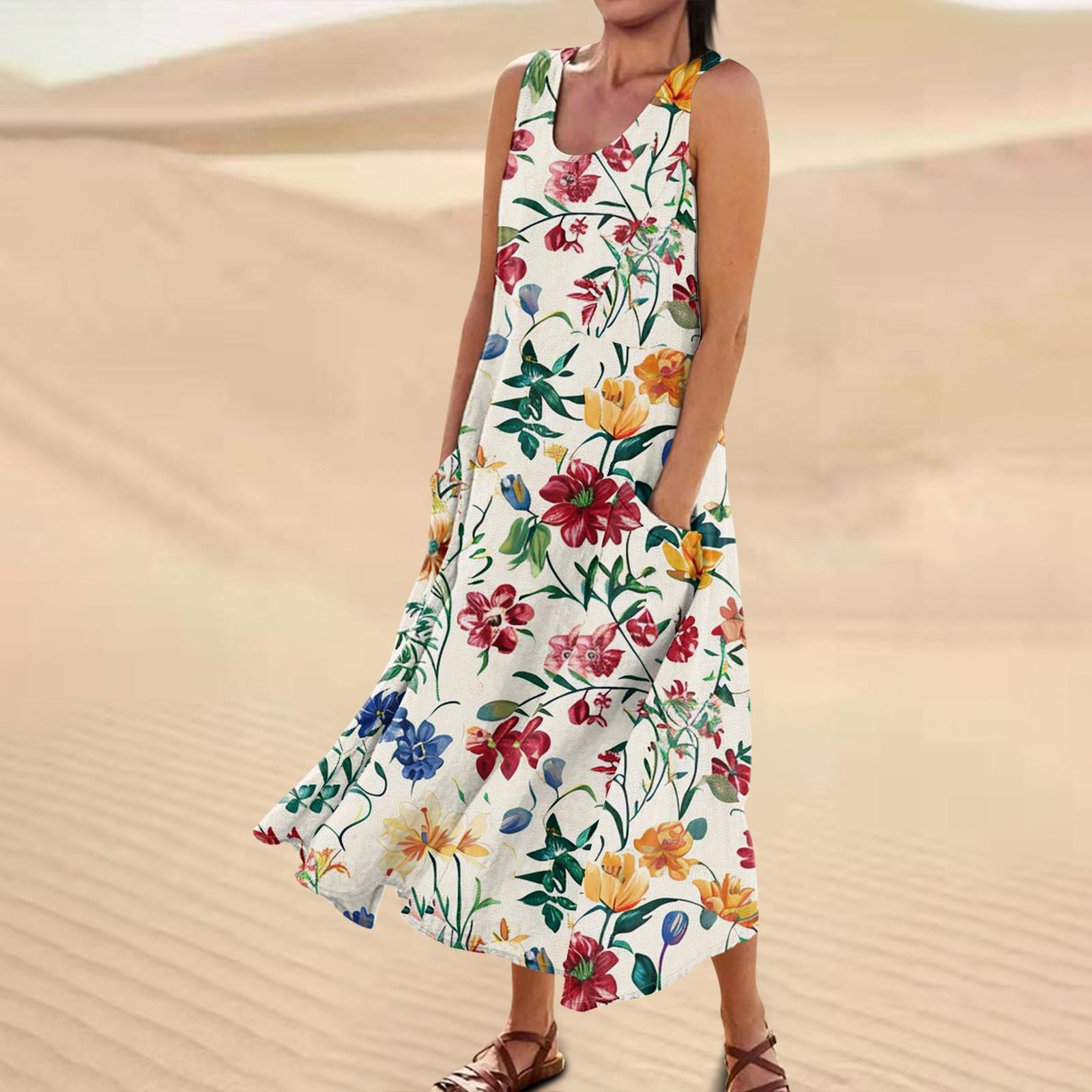 

Женское повседневное удобное хлопковое карманное платье без рукавов с цветочным принтом XXL красный