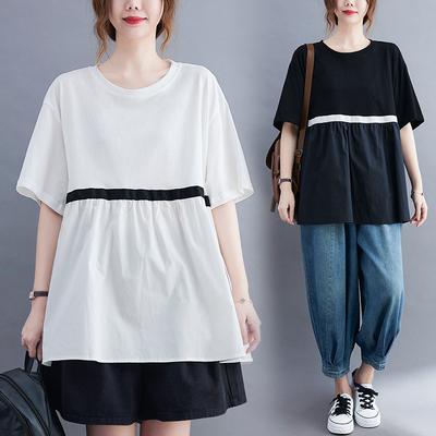 Verano Arte Holgado Casual Cuello Redondo Sudadera Empalme Grande Versátil Manga Corta Camisetas Mujer