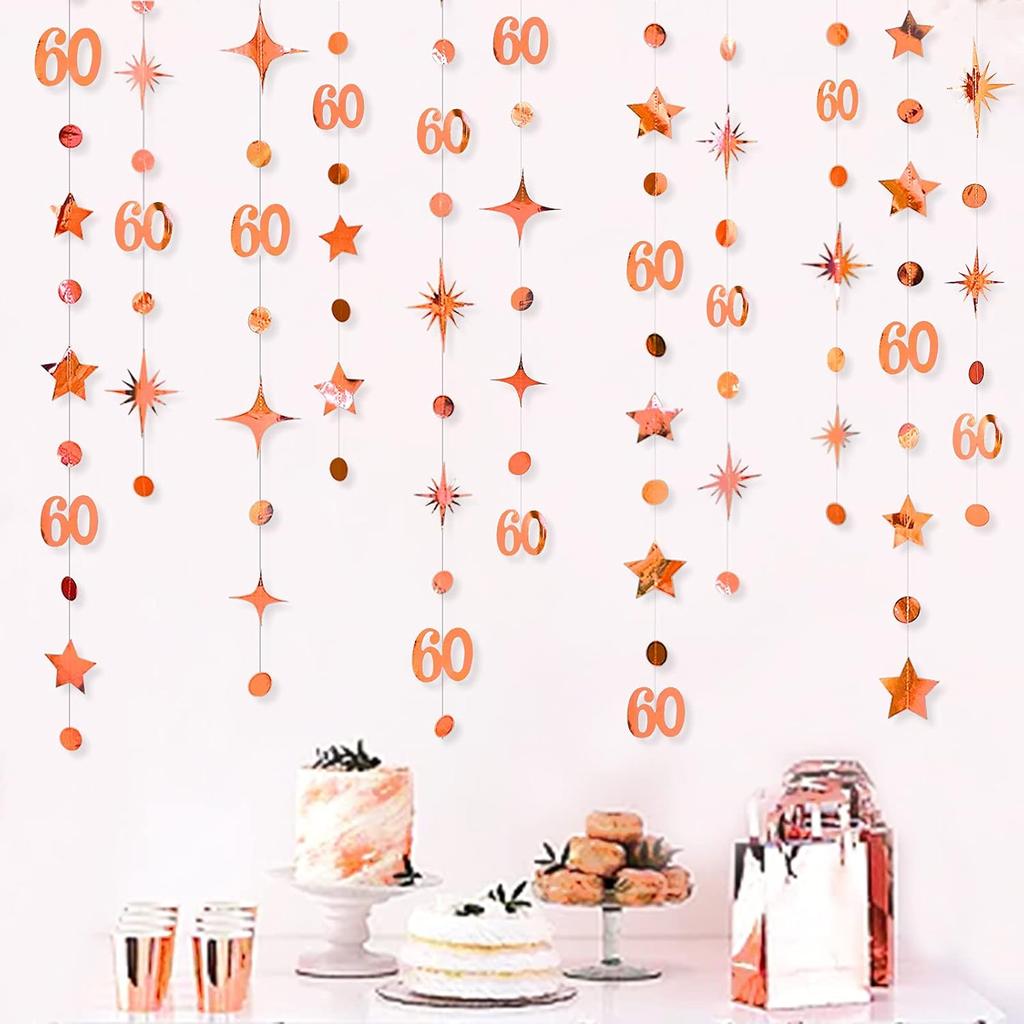 Champagne Gold 60th Birthday Decorations Number 60 Circle Dot Star Garland Metallic Streamer Banner for Women Mens Cheers to 60 Years Old Birthday
