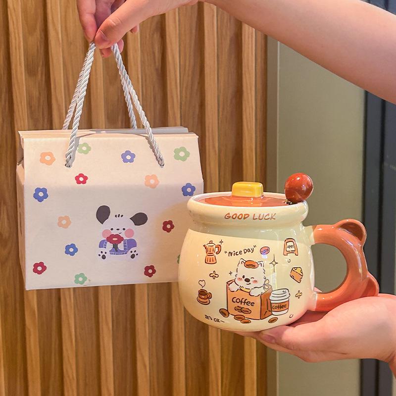 Birthday Gift Cute Cream Puppy Water Cup Girls Ceramic Mug with Lid Girlfriend Children Practical Souvenir