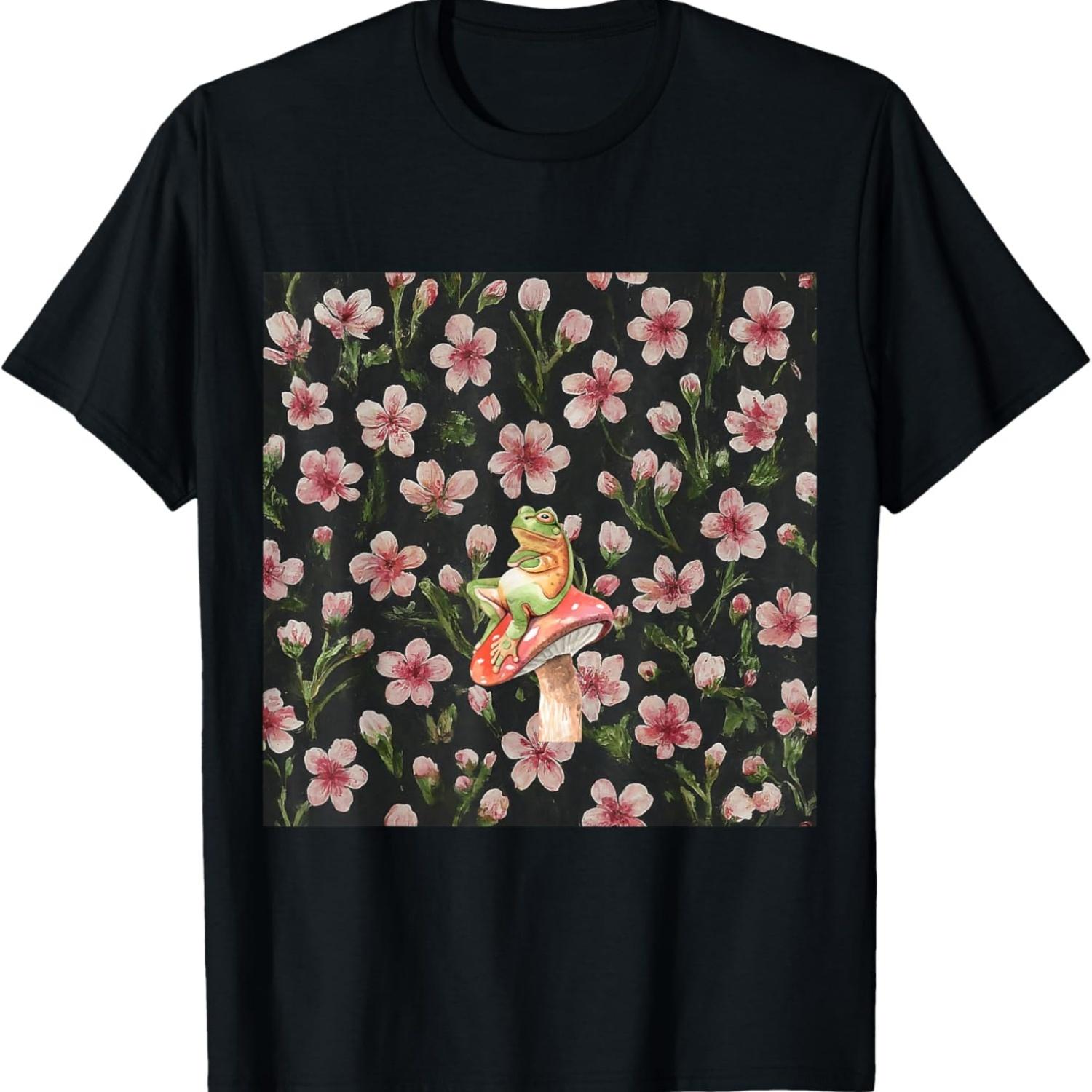 

Frog on Mushroom Pink Cherry Blossoms Plant Pattern T-Shirt S чёрный