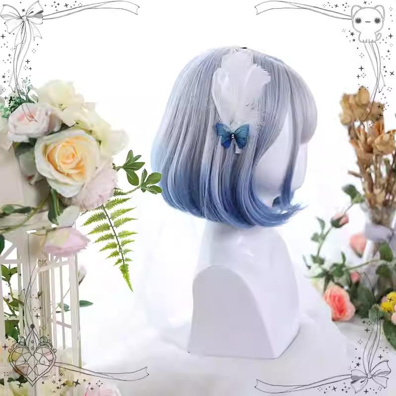 Straight Bob Lolita Short Cosplay Synthetic Hair Wigs Ombre Gray Blue Gradient Sweet Cute Wig for Women
