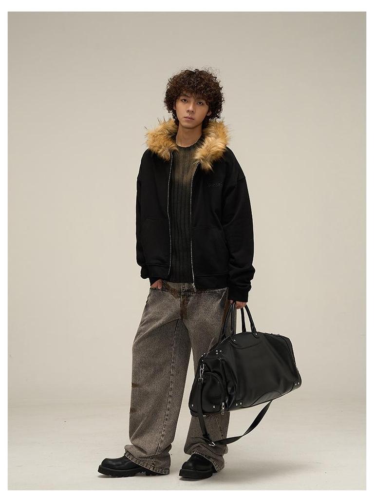 American Retro Oversized Fur Collar Couple Hoodie Cardigan