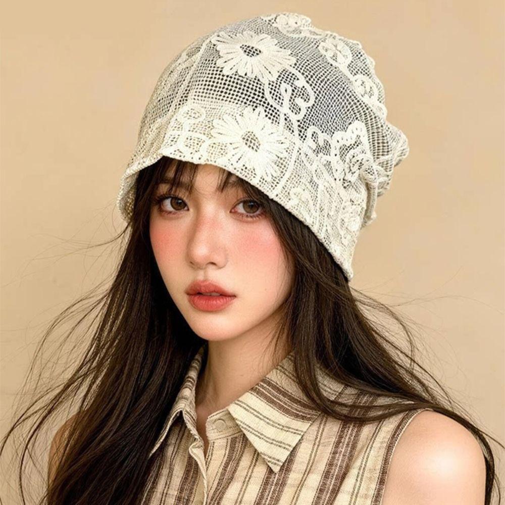 Spicy Girl Hollow Out Beanies Embroidered Weave Knitted Cap Flower Pile Hat  Apparel Accessories