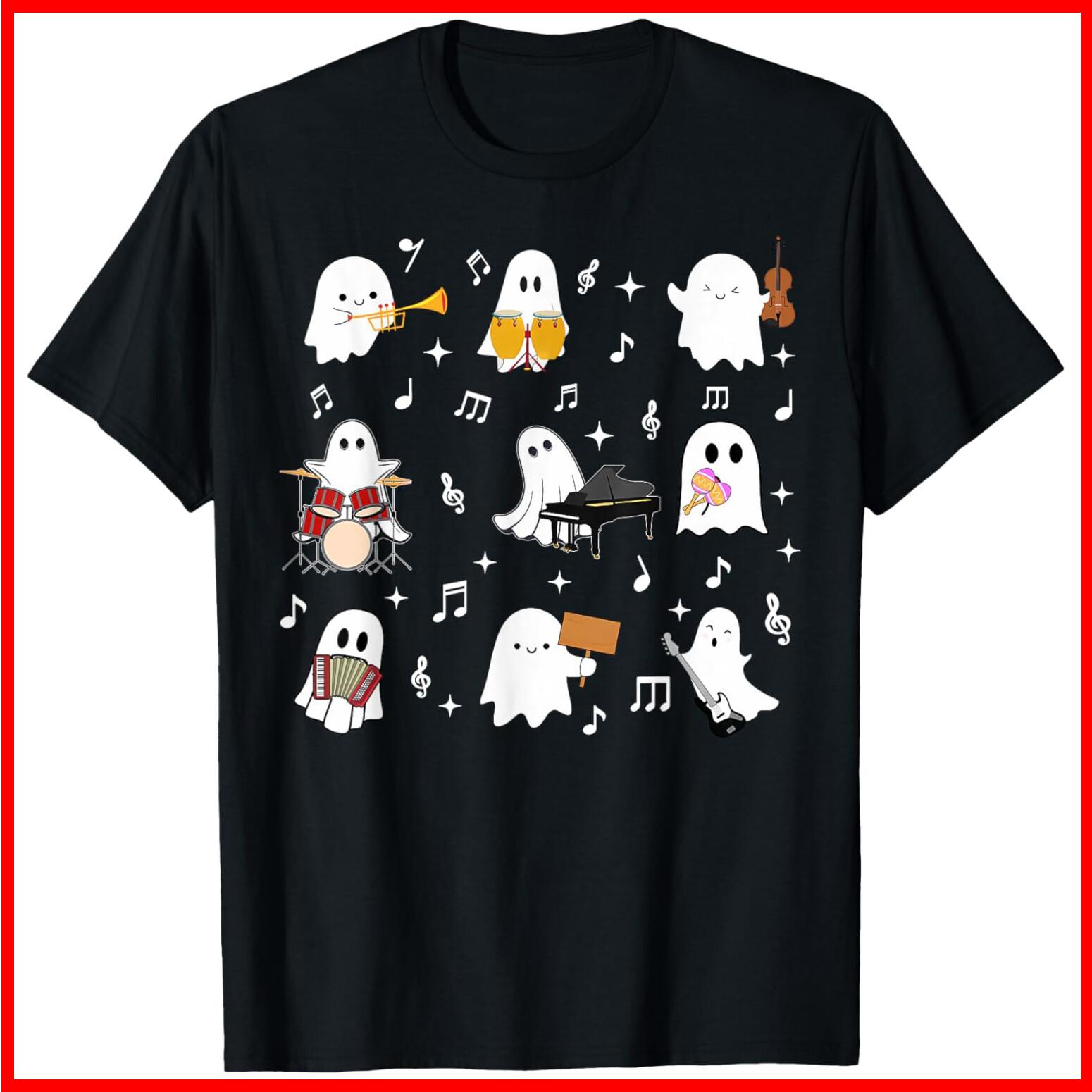 Halloween Music Teacher Ghost Playing Musical Instruments Black Cotton T-Shirt S