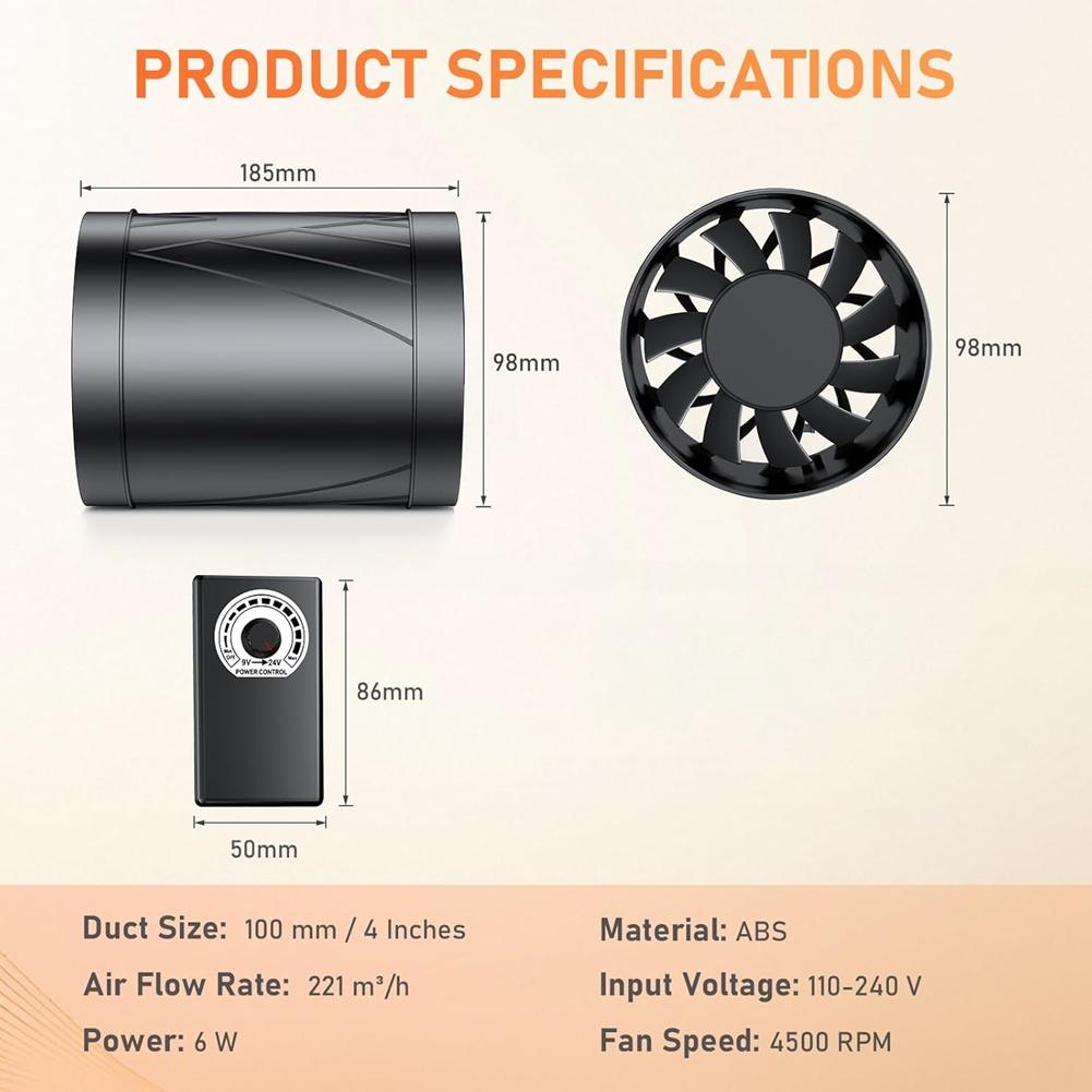 

Inline Pipe Fan, 100 mm Adjustable,Quiet Extractor Fan with Power Cable, Bathroom Fan for Greenhouses, Basements China Mainland