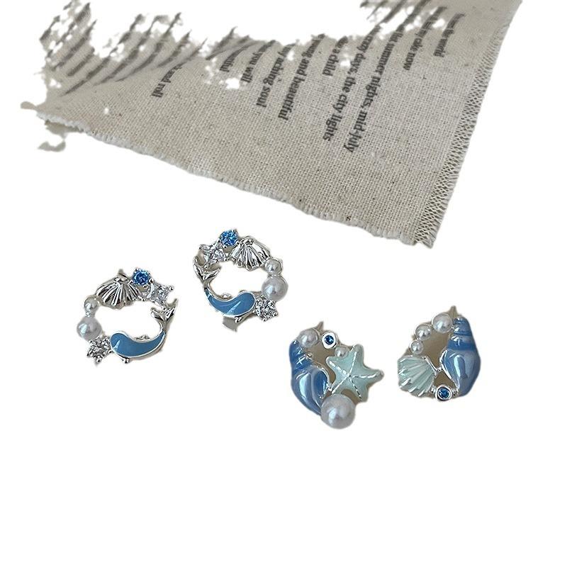 Nadmorskie Wakacje Muszla Wiatrowa Rozgwiazda Perła Kolczyki Sztyfty Damskie Świeży Temperament Słodka Osobowość Wszechstronne Kolczyki