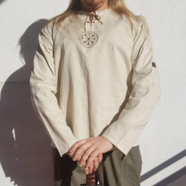 

Мужская летняя дышащая льняная рубашка, повседневная рубашка викингов с длинным рукавом XXXXL бежевый