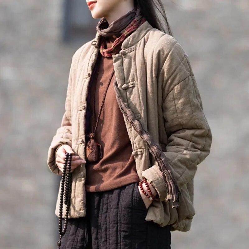 Johnature Kvinner Kinesisk stil Parkas Ensfarget Stativ Langermet Vinterfrakker Button Plus Varme bomullsparkas