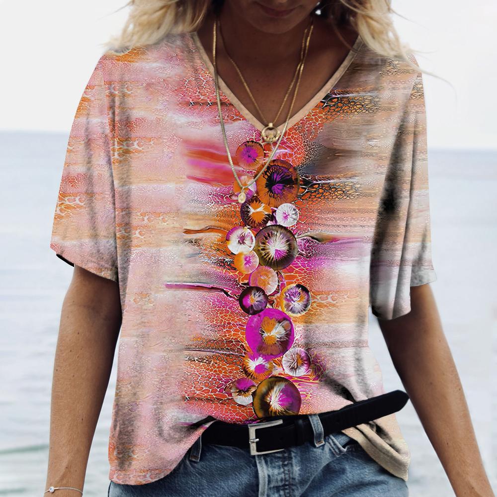 V-neck Women's Short Sleeve Summer Outdoor Casual T-shirt Tops Flower Printed Patterns Fashion