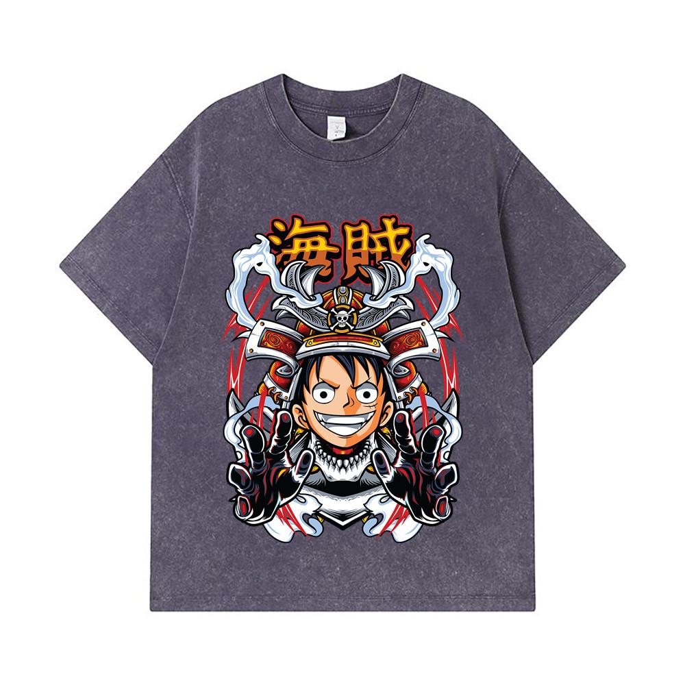 275 GSM Washed T-shirts 100% Cotton One Piece V70 Luffy Samurai Print Unisex Heavy Cotton T Shirt