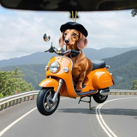 Yousheng 2D Biking Dog Car Pendant Acrylic Rearview Mirror Ornament Cute Themed Car Accessory for Interior Decor